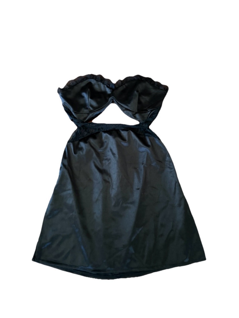 Black Strapless Satin and Lace Cutout Mini Dress (Strapless Babydoll) Small